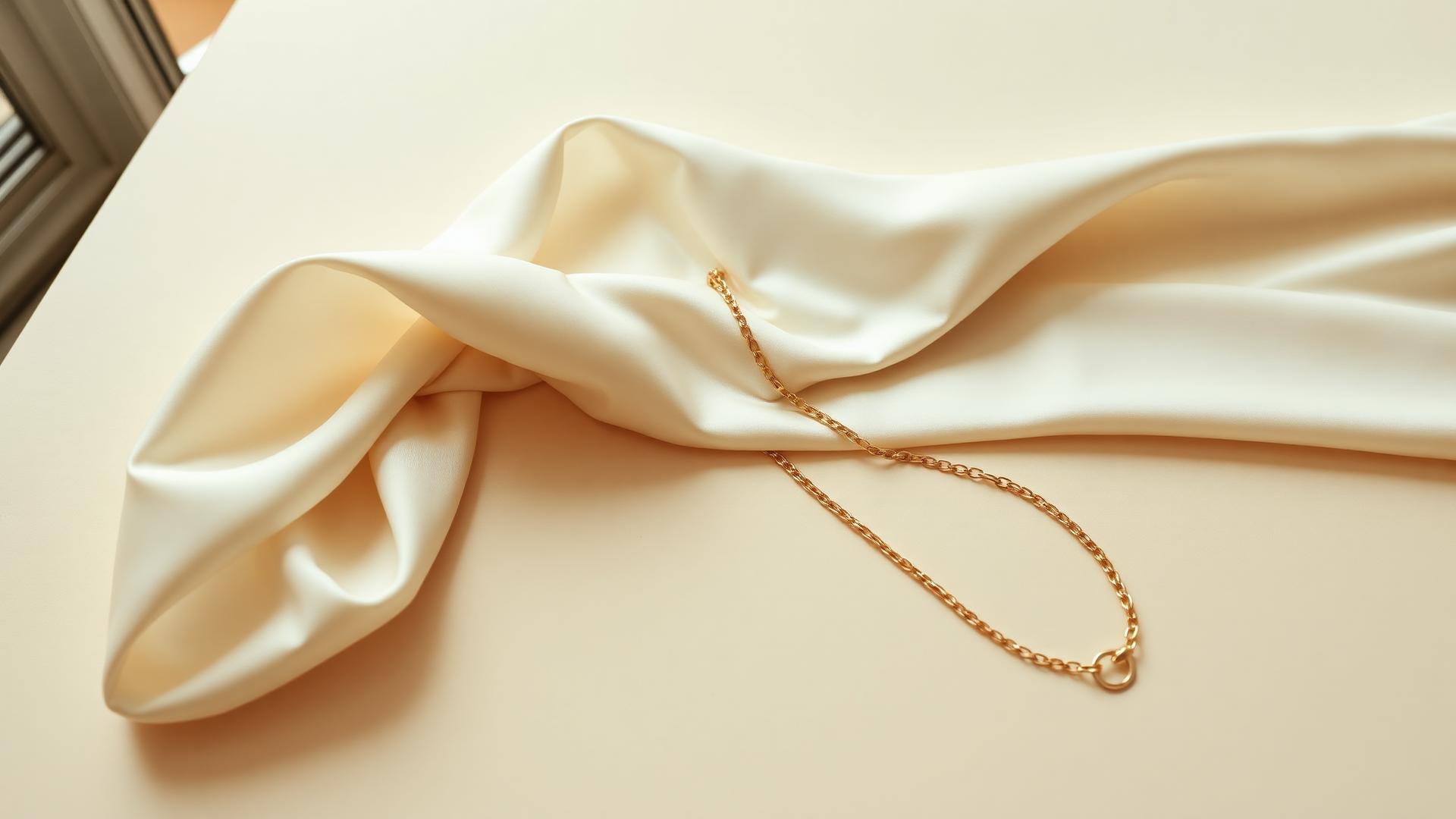 Gold-finished sterling silver chain resting on ivory silk
