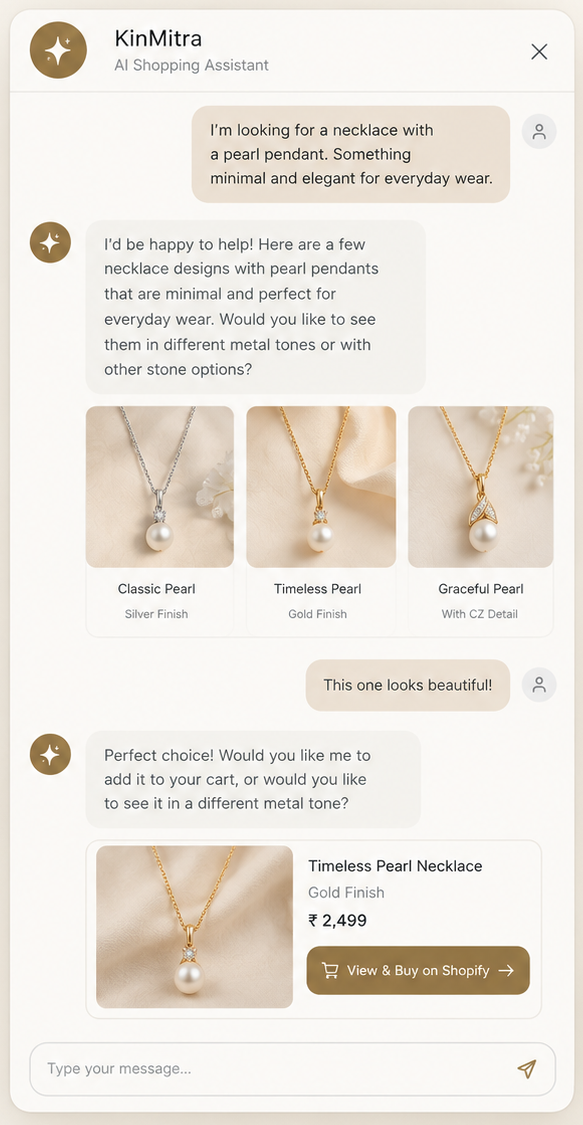 KinMitra AI design assistant chat, recommending pearl pendant necklace designs